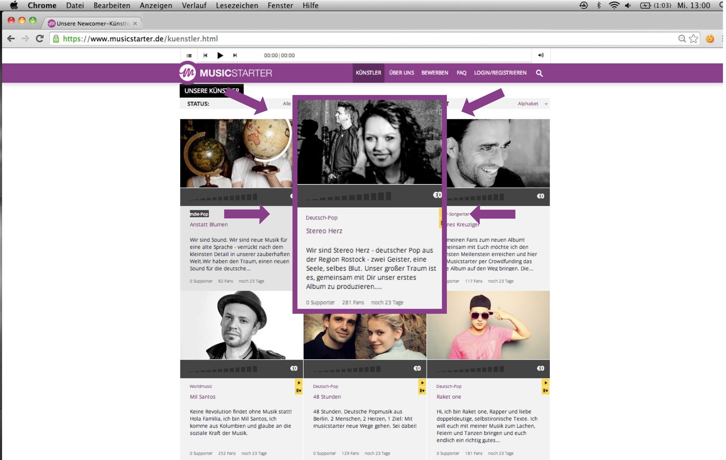 Screenshot Musicstarter Künstler-Seite